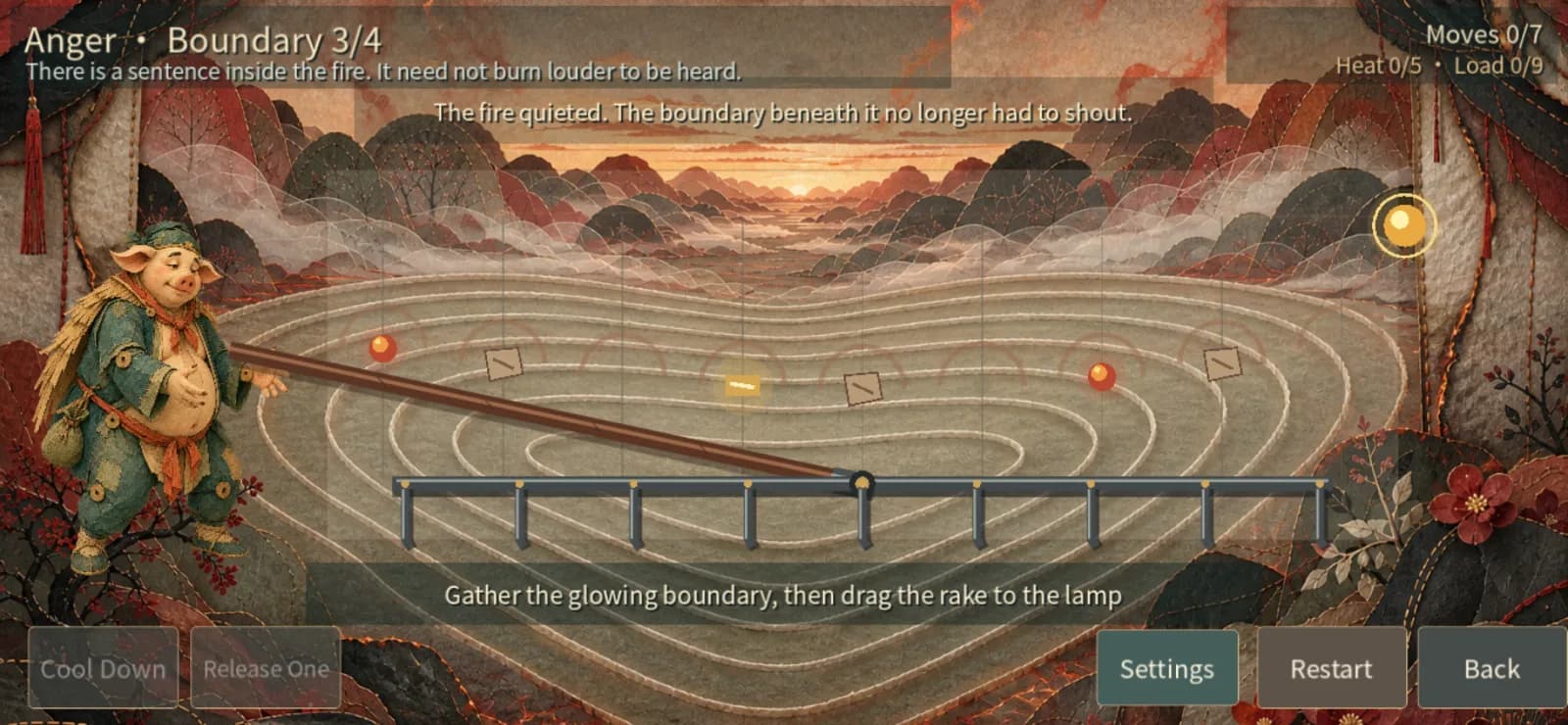 Bajie gathers a glowing boundary after the fire grows quiet